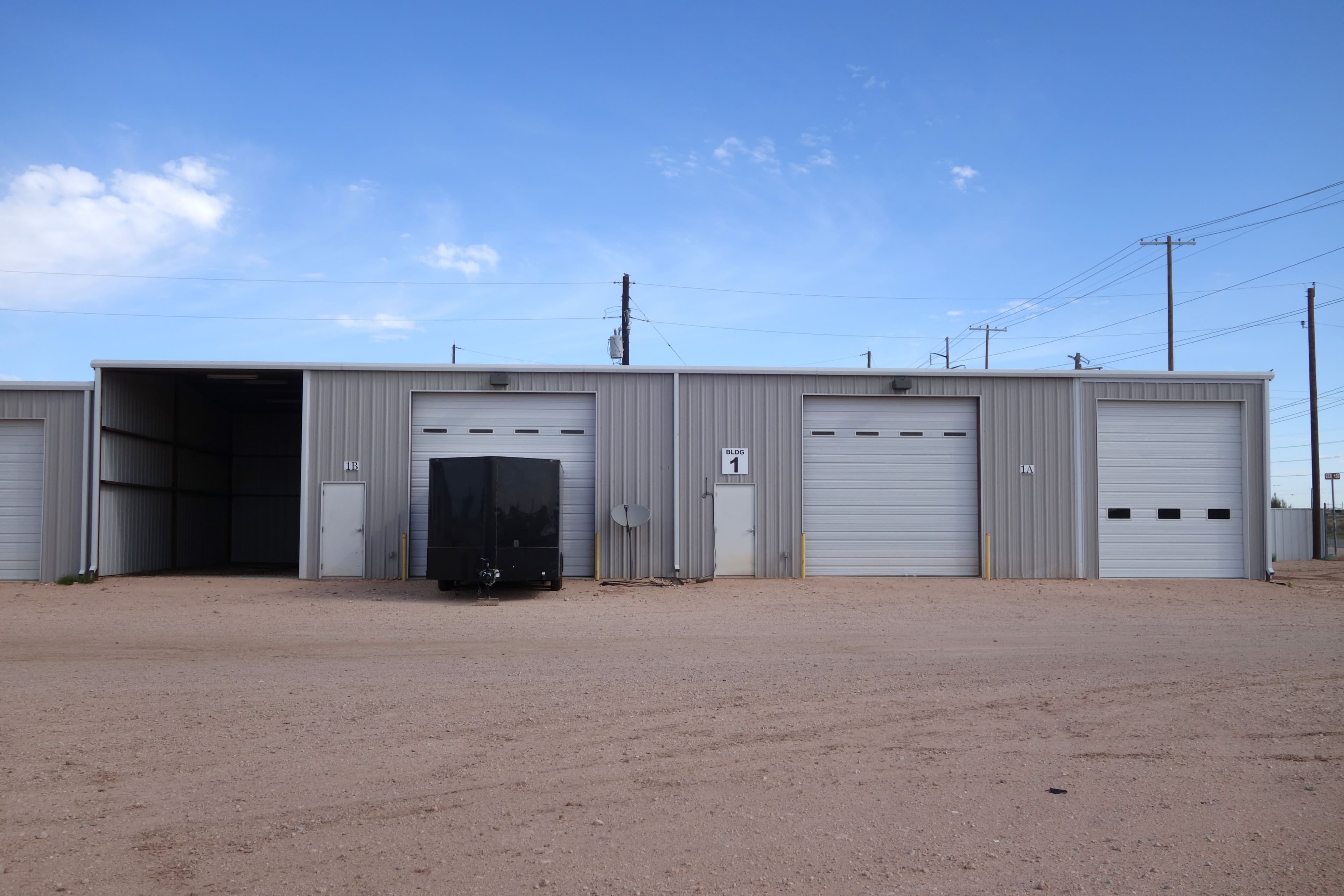 Building exterior with overhead doors