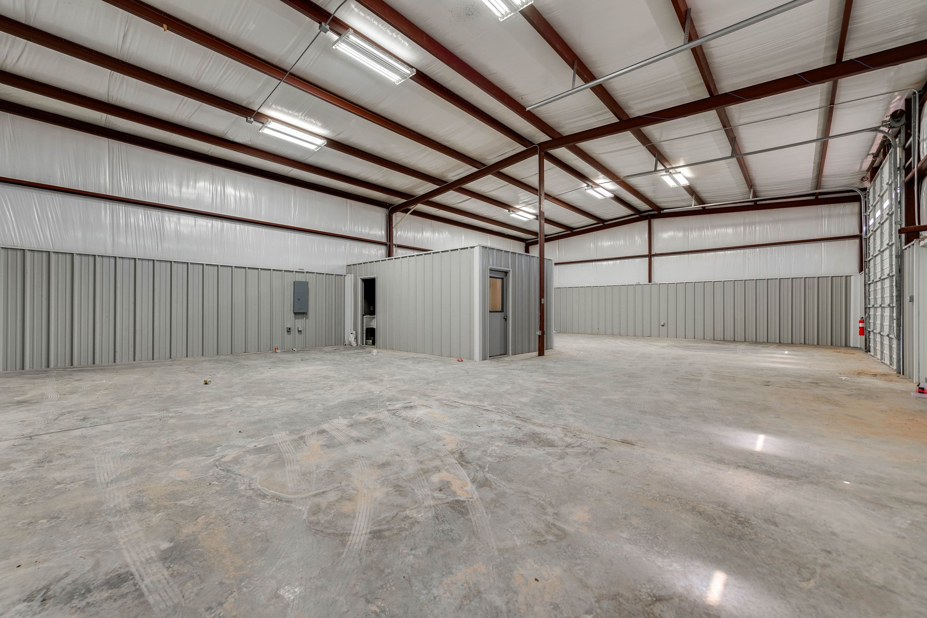 Insulated shop interior with built-in office
